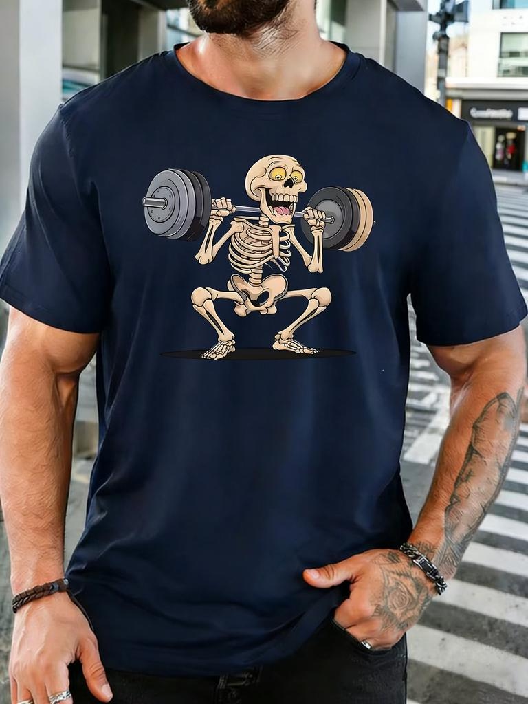 Squatting Skeleton Lifting Barbell Gym Graphic Unisexs Crew Neck Short Sleeve Cotton T Shirt Fitness Male Workout Casual Tee