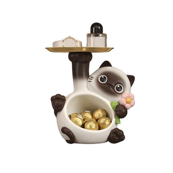 Siamese Cat Statue Candy Bowl Multi-Functional Key Trinkets Jewelry Organizer Dish Holder Home Office Desktop Decoration Ornament