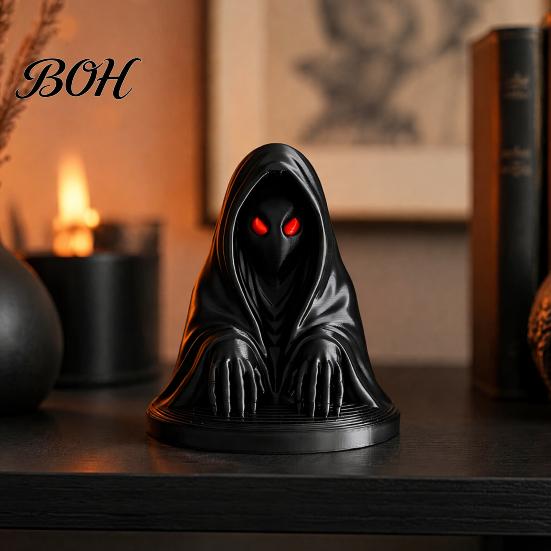 Matte Black Collectibles Halloween Cloaked Ghost Figurine with Red Eyes, 3D Printed Spooky Desk Ornaments Gothic Ornament for Cabinet Escape