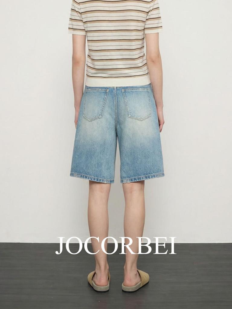 JOCORBEI Retro Ripped Cotton Distressed Straight Denim Shorts (Spring 2026)