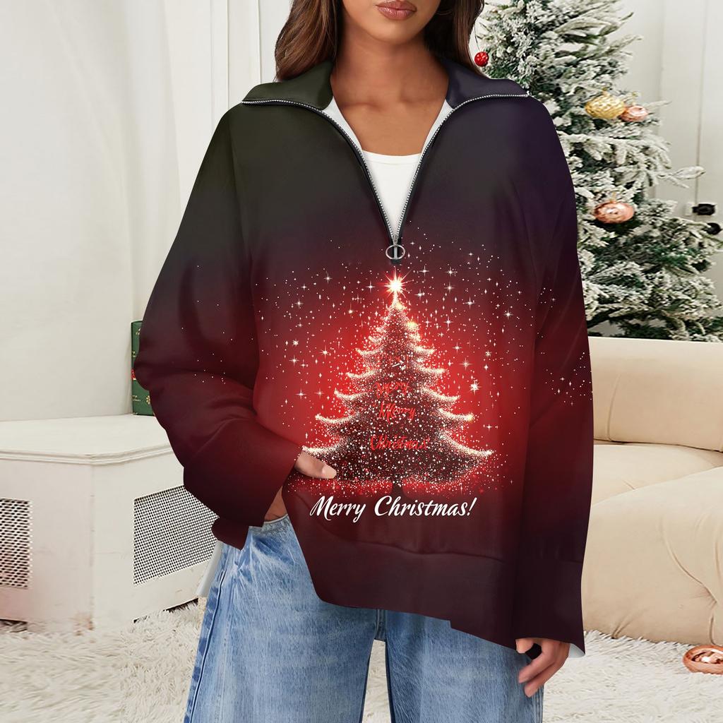 Women's Casual Half Zipper Lapel Snowflake Print Pullover Top Side Slit Fashion Clothing