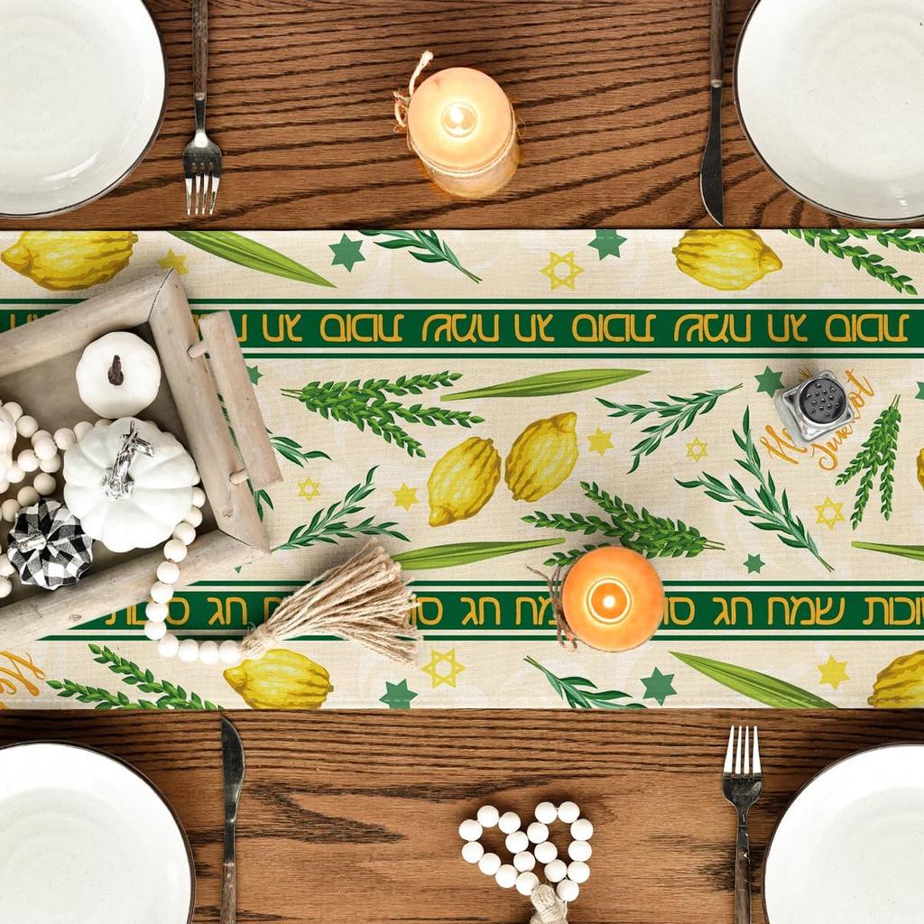 Happy Sukkot Linen Table Runner Dresser Scarves Decor Etrog Lulav Sukkah Kitchen Dining Table Runner Home Party Decorations