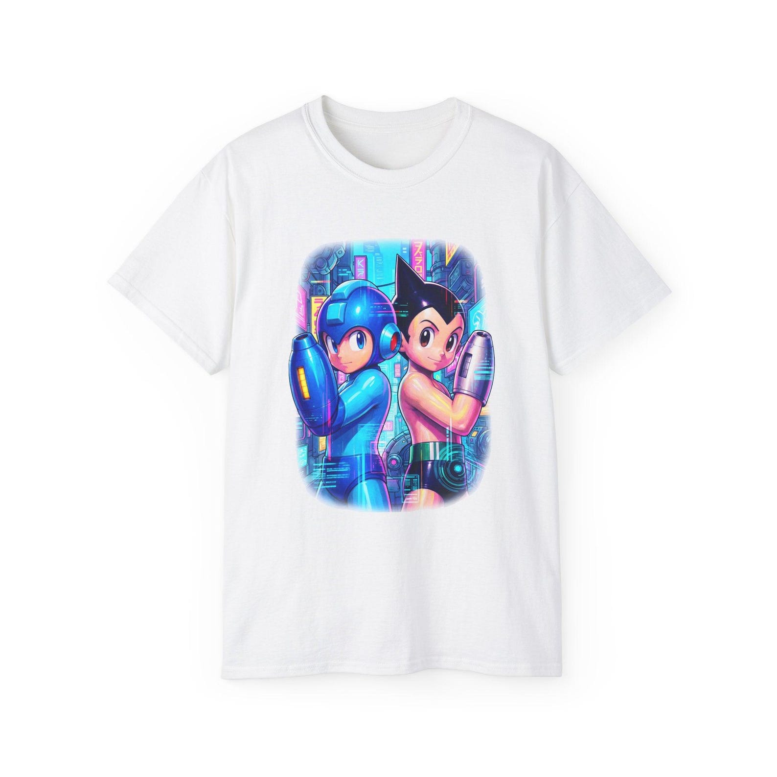 Mega Man x Astro Boy Retro Gamer T shirt | Classic Robot Hero Graphic Tee | Unisex Anime Video Game Shirt | Sci-Fi Fan Top L