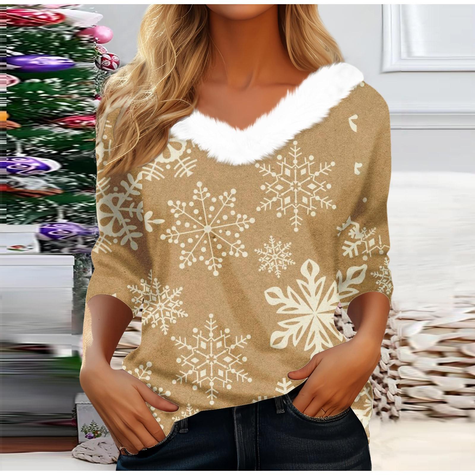 

Рубашки с длинным рукавом для женщин Милые топы Рождественские принты Футболки Блузки Повседневные топы больших размеров Базовые топы Пуловеры XXL