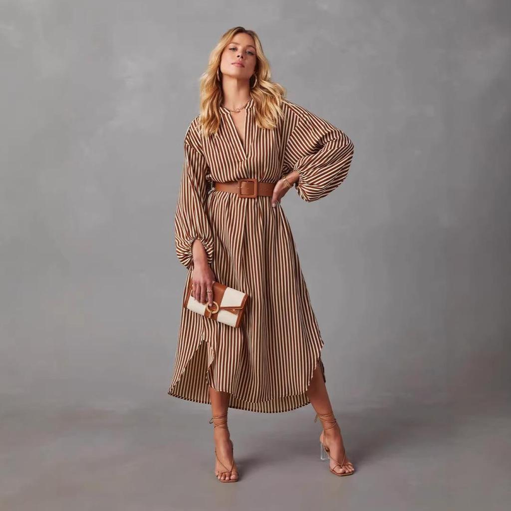 European and American Women's V-Neck Striped Belt Shirt Dress - Autumn 2025 Fashion