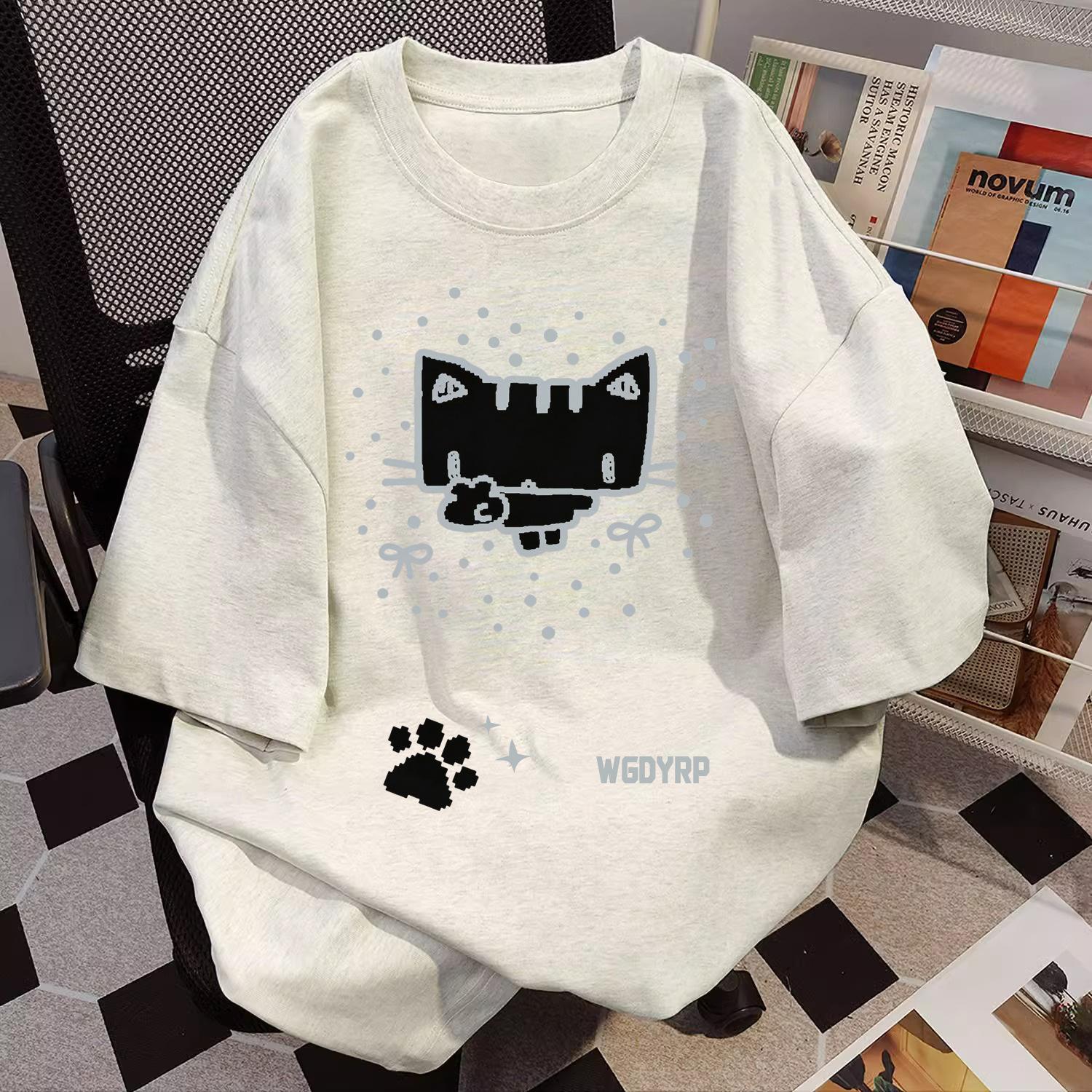 Women s Casual Cotton T-Shirt With Cute Cat Pixel Print Loose Fit Plus Size M-6XL M