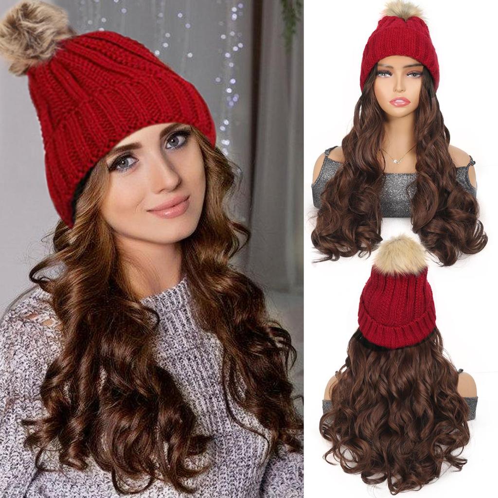Red Hat Wig for Women Knitted Warm Wavy Curly Long Hat Wig Synthetic Natural Fake Hair