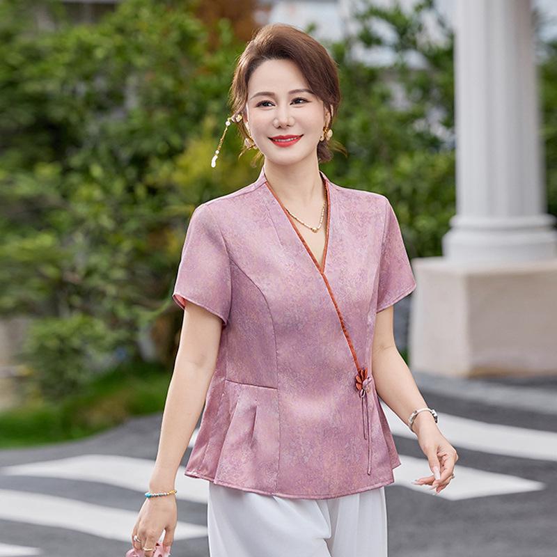 

2026 Summer Stylish Chinese Short-Sleeve Two-Piece Set for Moms: Fashionable Wide-Leg Pants Mother s Day Outfit XL (45-55 kg)