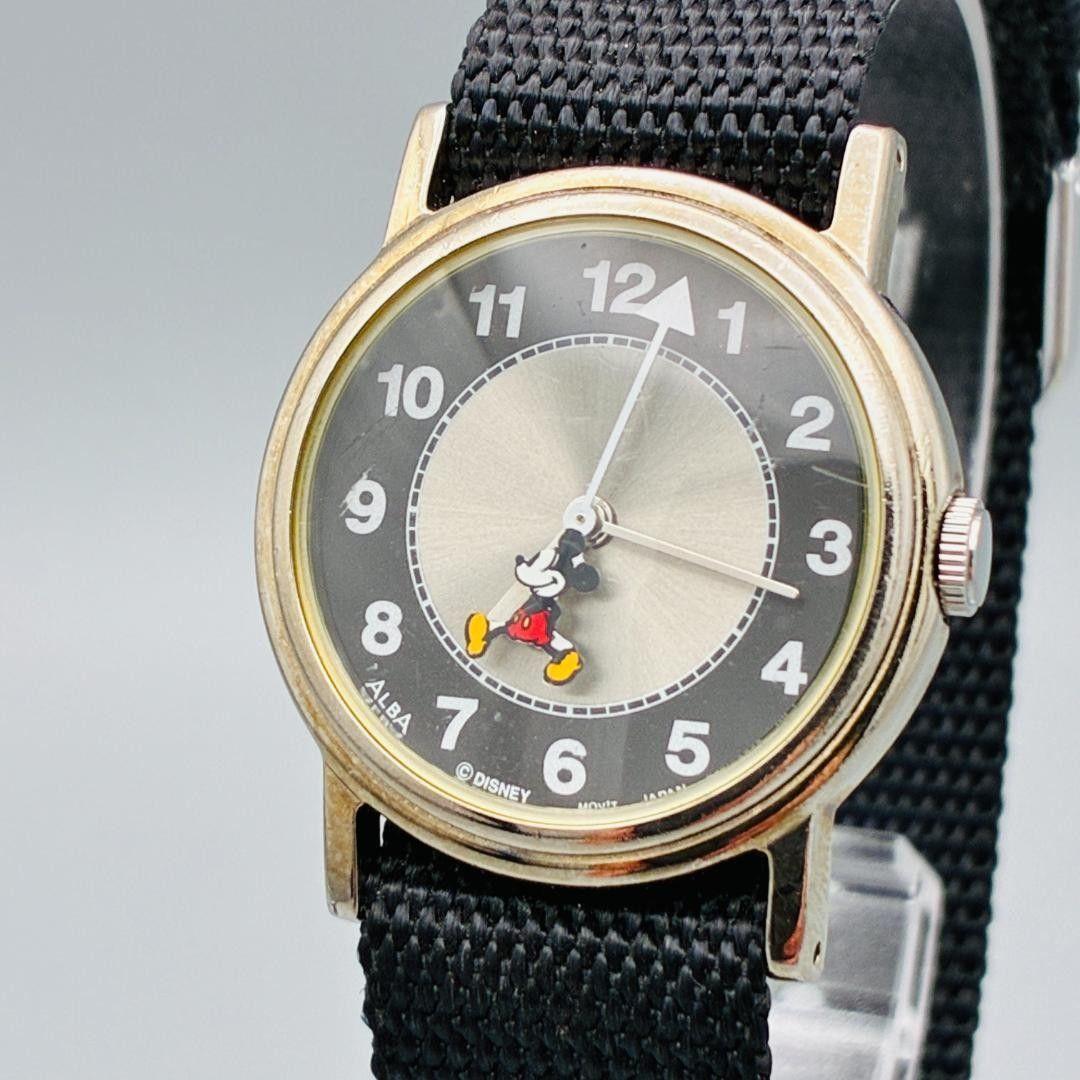[Battery replaced] SEIKO Alba Mickey Mouse Black Dial NATO Belt Official