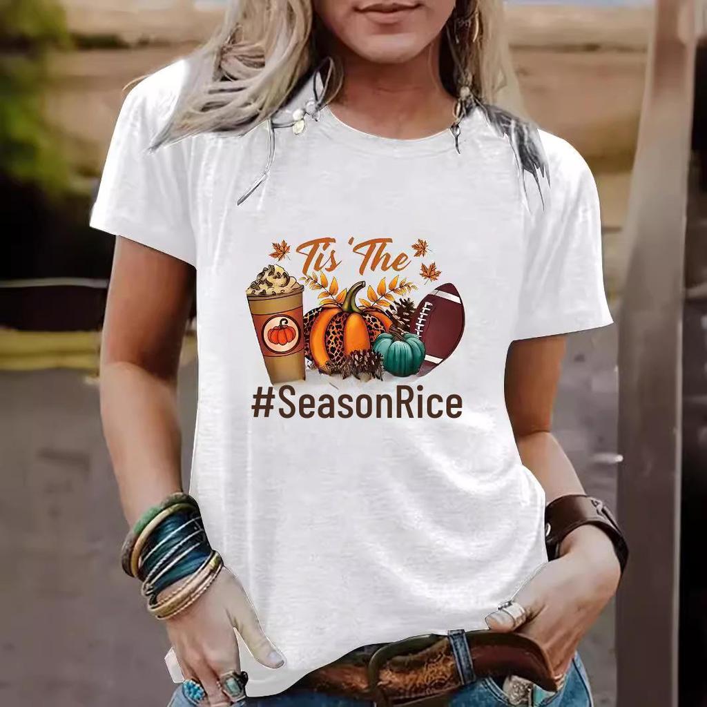 European & American Women's Halloween Pumpkin Baseball Tee - Round Neck, Short Sleeve, Casual Fashion T-Shirt