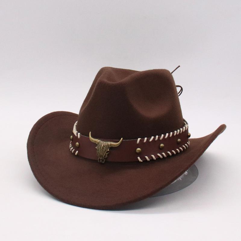 

Vintage Bull Head Decorative Western Cowboy Hat Big Eaves Bell Top Hat Jazz Hat M（56-58cm） темно-коричневого кольору