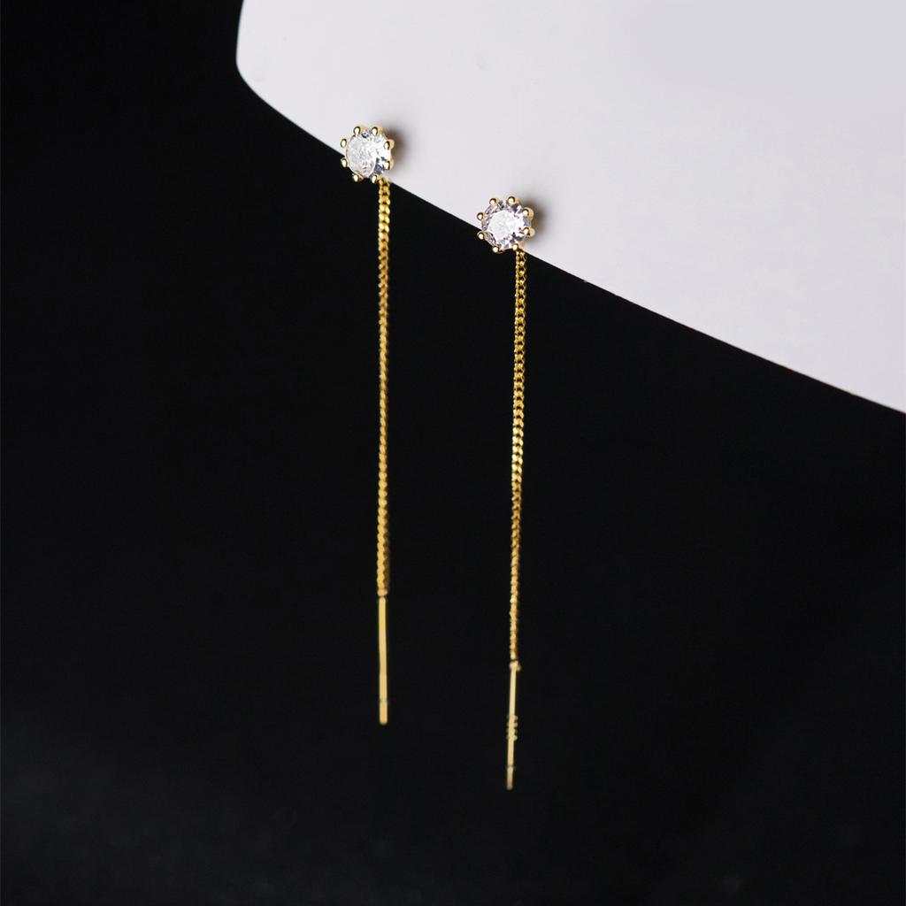 Fashion Jewelry 925 Sterling Silver Long Earring Single Zircon Long Tassel Chain Gold Plated Ear Wire Earrings for Women