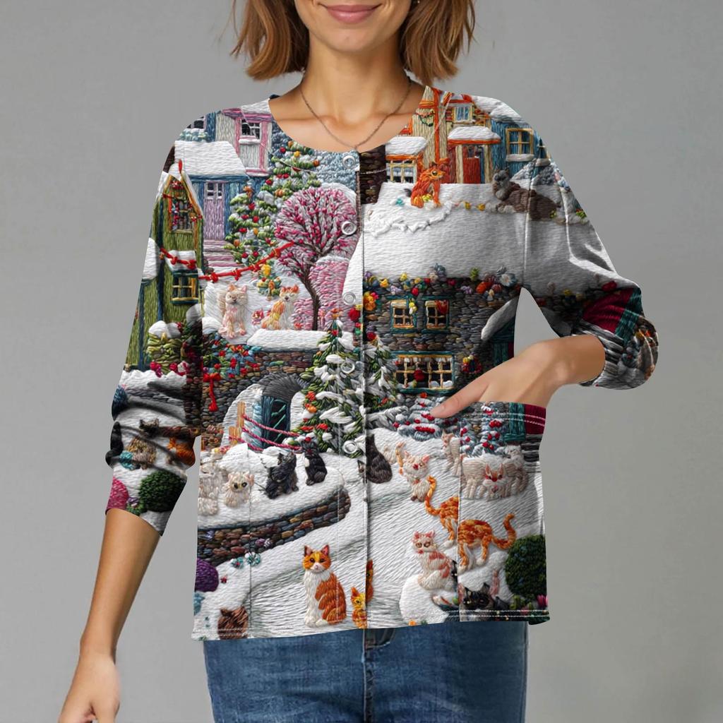 Women's Casual Long-Sleeved Single-Breasted Christmas-Themed Print  Cardigan