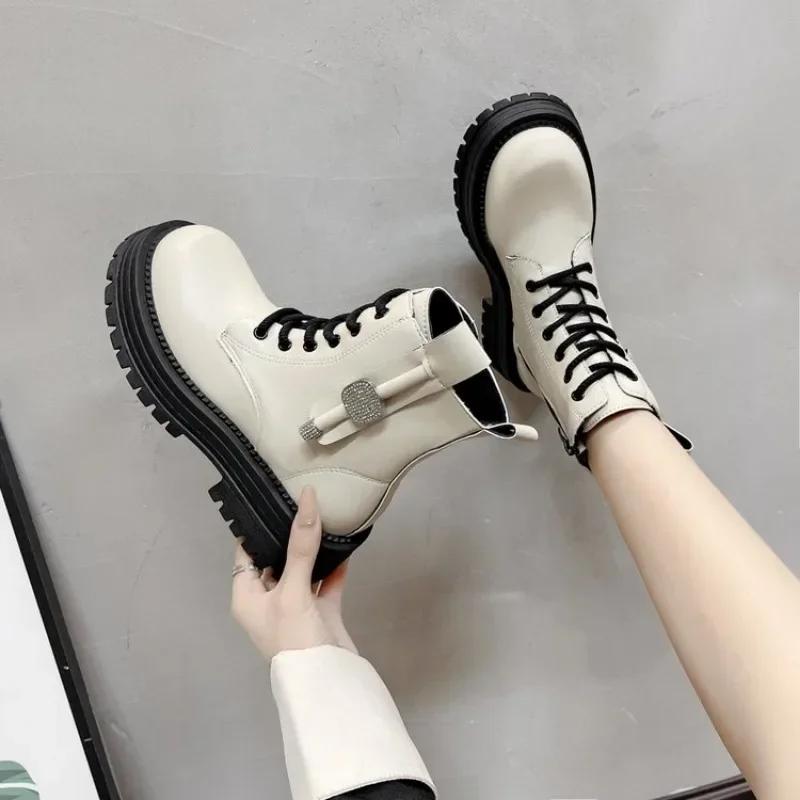 2024 Autumn and Winter Fashion Short Boots Thick-soled Non-slip Solid Color Lace-Up Women's Shoes New Trendy Outdoor Shoes
