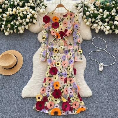 Elegant 3D Flower Embroidery Long Maxi Dresses Women Summer Holiday Fishtail Evening Party Dresses Pencil