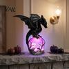 Mysterious Home Decor Gothic Dragon Night Light, Resin Statue with Purple Glowing Crystal Dark Atmosphere Light Sphere, Fantasy Table Lamp for