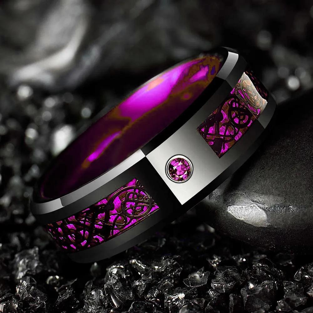 Fashion 8mm Celtic Men Stainless Steel Ring Inlaid Red Blue Zircon Stone Dragon Rings For Men, Carbon Fibre Rings Wedding Band