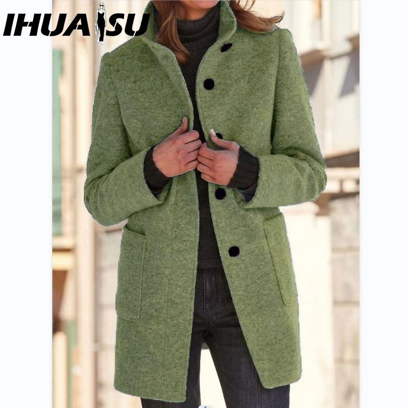 IHUASU Women's Vintage Casual Lattice Print Autumn Winter Long Sleeve POLO Neck Jackets & Coats