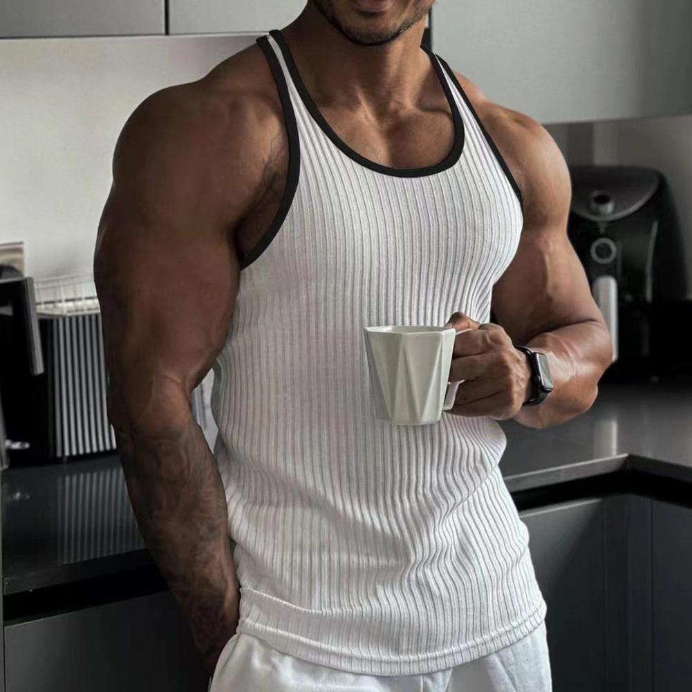 Summer Men Sport Vest Sleeveless O Neck Single Color Striped Texture Quick Dry Elastic Good Breathability Pullover Basketball Gym
