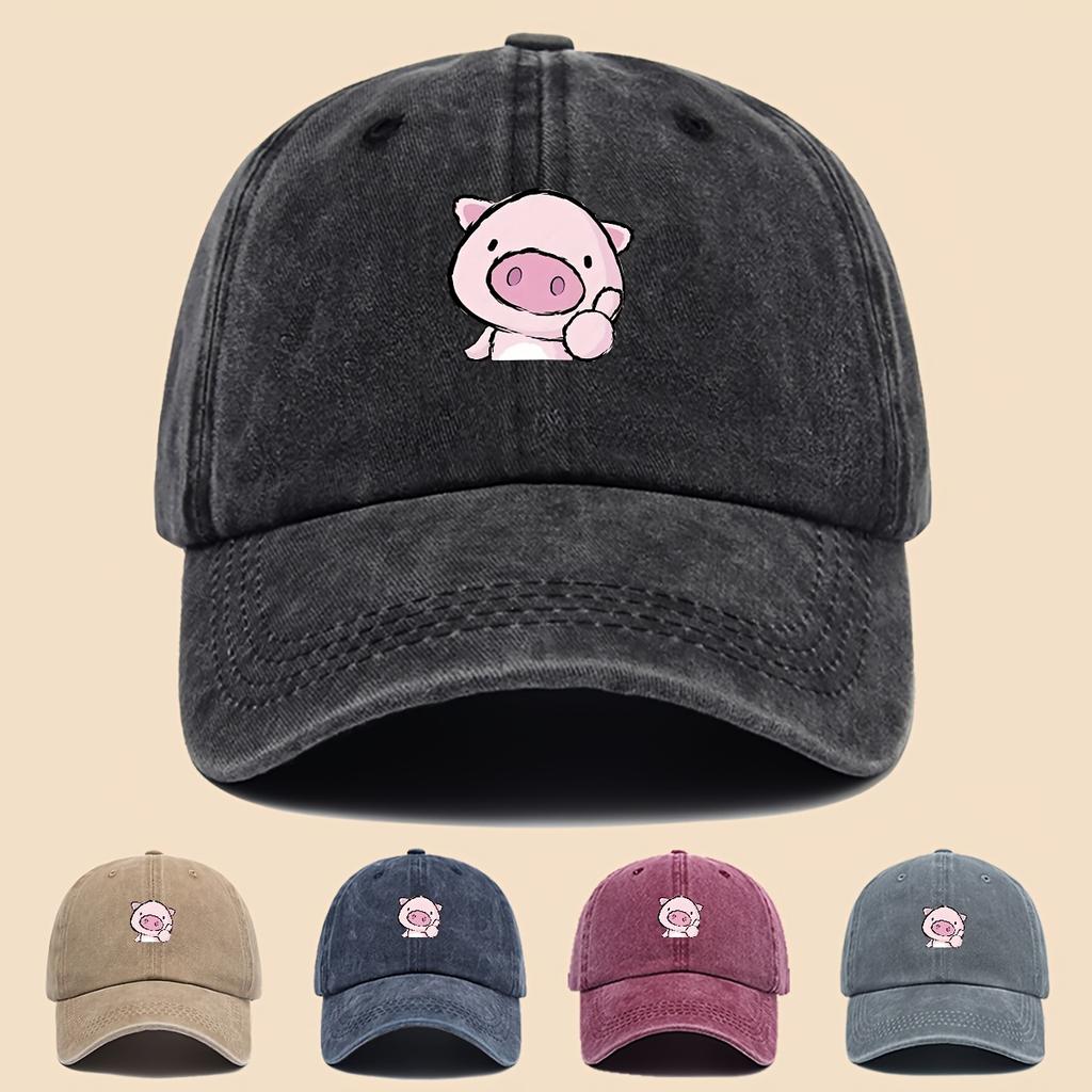 Cartoon style pink piggy print baseball cap adjustable unisex music hat