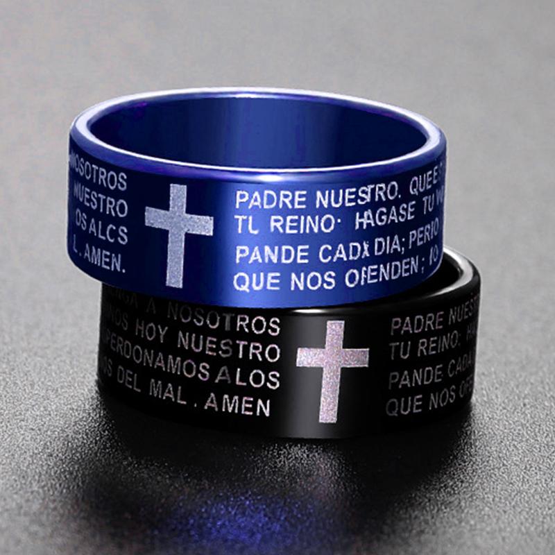 Trendy Men's Ring Stainless Steel Black Color Jesus Cross Ring Letter Bible Verse Prayer Finger Rings For Men Amulet Jewelry
