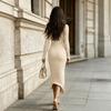 Women's V-Neck Long Sleeve Midi Dress with Side Slit, Slim Fit Flattering for Daily Wear