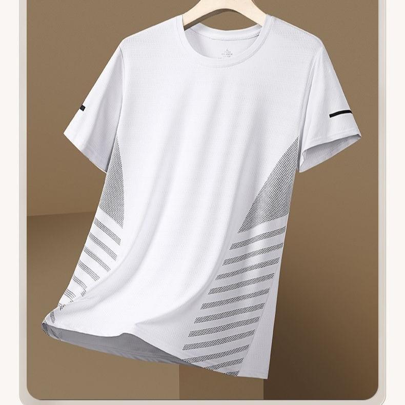 Summer Mens Thin Quick Dry Printed Sportswear Fashion Ice Silk T Shirts Loose Breathable Running Top M