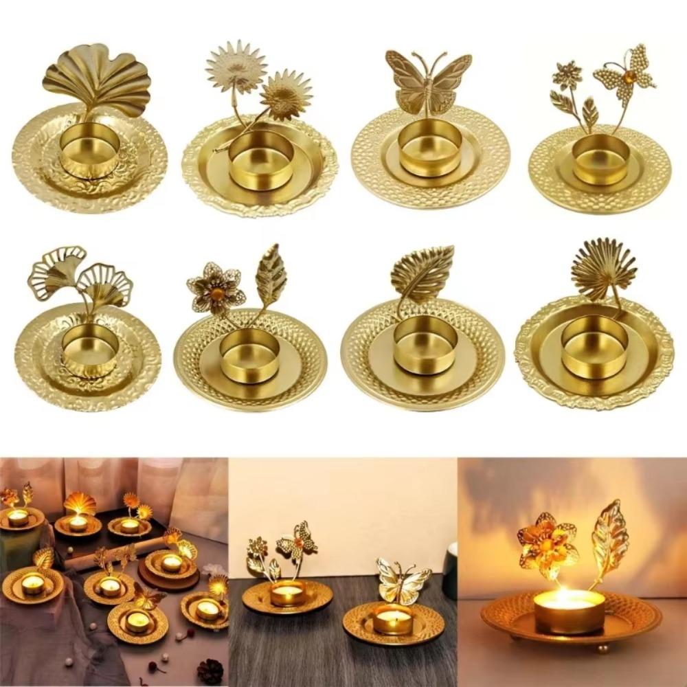 2 Pcs Exquisite Leaf Candlestick Stand Gold Iron Candle Holder Plant Shape Candlestick  Desktop