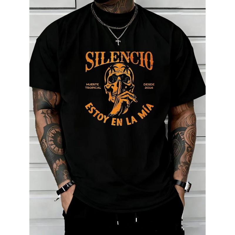 Men's Vintage Spanish Gothic T-Shirt - Distressed Skull & Letter Print Streetwear Tee, Breathable Short Sleeve Round Neck Top Suitable for Summer