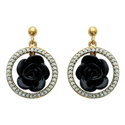 [J3114] - Gold Plated 'Black Rose' Black Gold Plated Earrings - 15x20 Mm