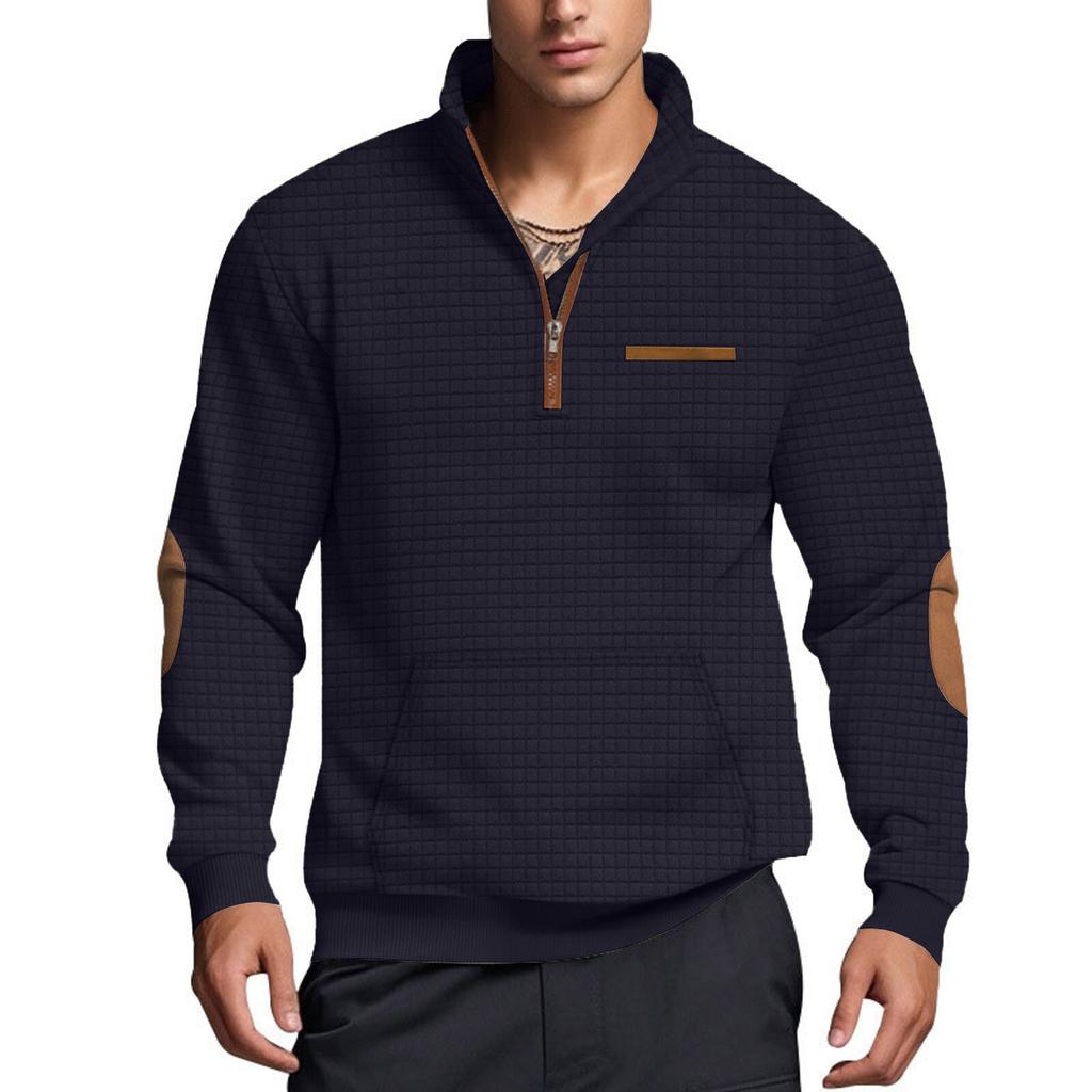 Men's Casual Oversized Solid-Color Outdoor Small Check Stand-Up Collar Half-Zip Sweatshirt