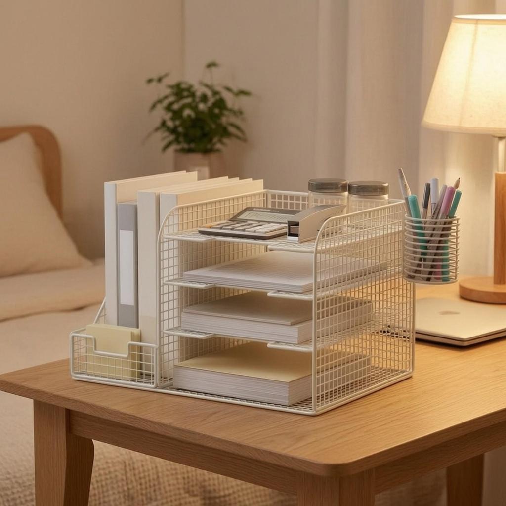 Desktop File Organizer with Pen Holders Wire Paper Sorter Metal for Office