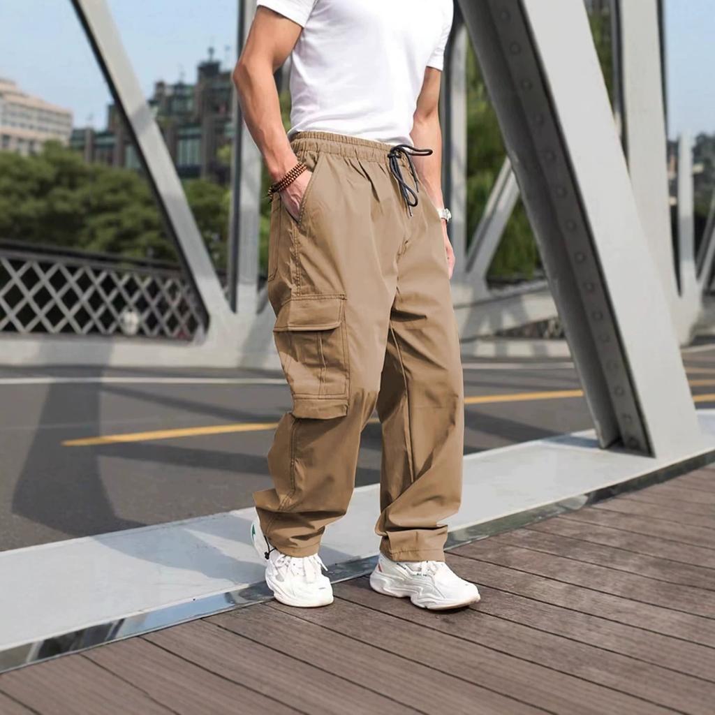 Outdoor commuting multi-pocket tooling trousers, men's summer drawstring elastic waist, wear-resistant straight tactical casual trousers