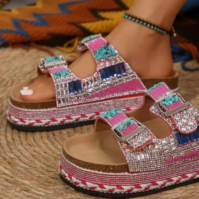 New Style Chunky Sole Hemp Rope Double Buckle Rhinestone Beach Sandals - Plus Size Women's Shoes