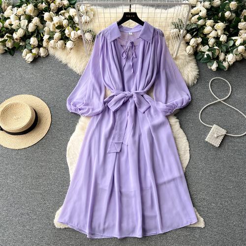 Francouzské šik Maxi šaty pro ženy Sklopný límec Lucerna Rukáv Šněrovací Dámské letní šaty Dámské Vestidos Dropship