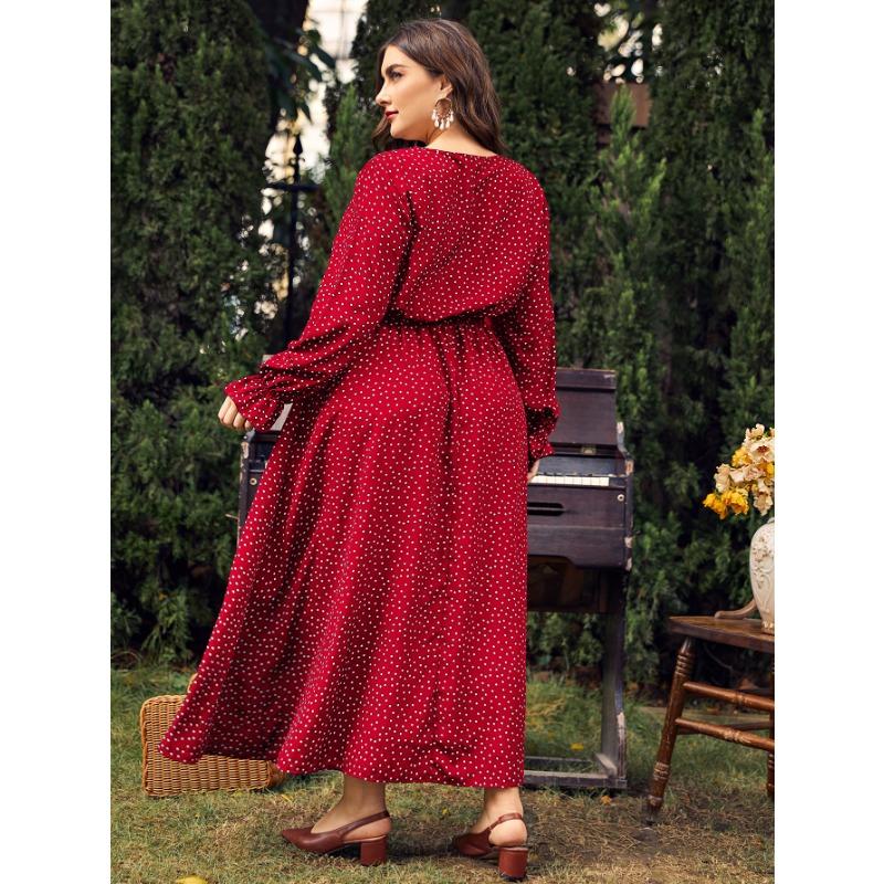 Frühlings- und Herbst-Damenkleid, großes Kleid, gepunktet, lockere Langarm-Kleider