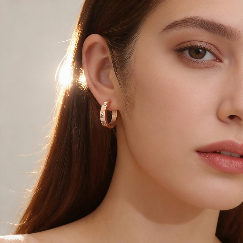 Women's Buckle Style Stainless Steel Earrings with Micro Inlaid Zircon Jewelry, Fashionable European and American Design