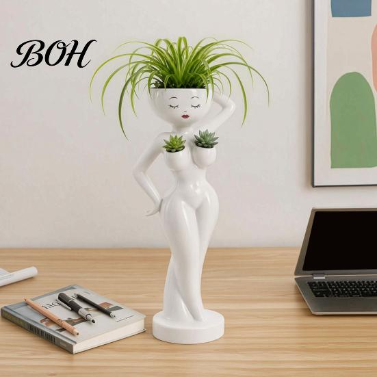 Layered Green Plant Landscape Pot Funny Female Figure Planter with Drainage Holes, Elegant Lady Flower for Small Windowsill Succulents, Lazy