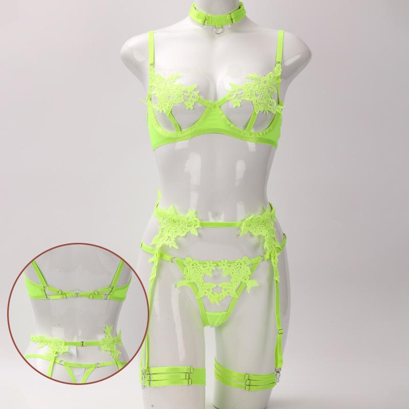 Sexy Choker Applique Embroidered Underwire Push Up Garter Belt Lingerie Set for Womater soluble flower girl clothing mesh perspe