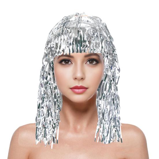 Foil Tinsel Wigs for Adults Fancy Dress Party Shiny Tinsel Wig Metallic Masquerade Disco Hat for Photo Booth Prop Cosplay Supplies
