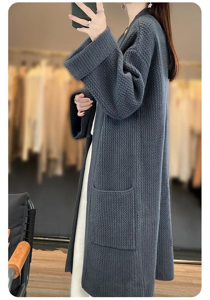 Women's Long Loose V-Neck Wool Cardigan - Autumn/Winter Heavyweight Knit Sweater Coat