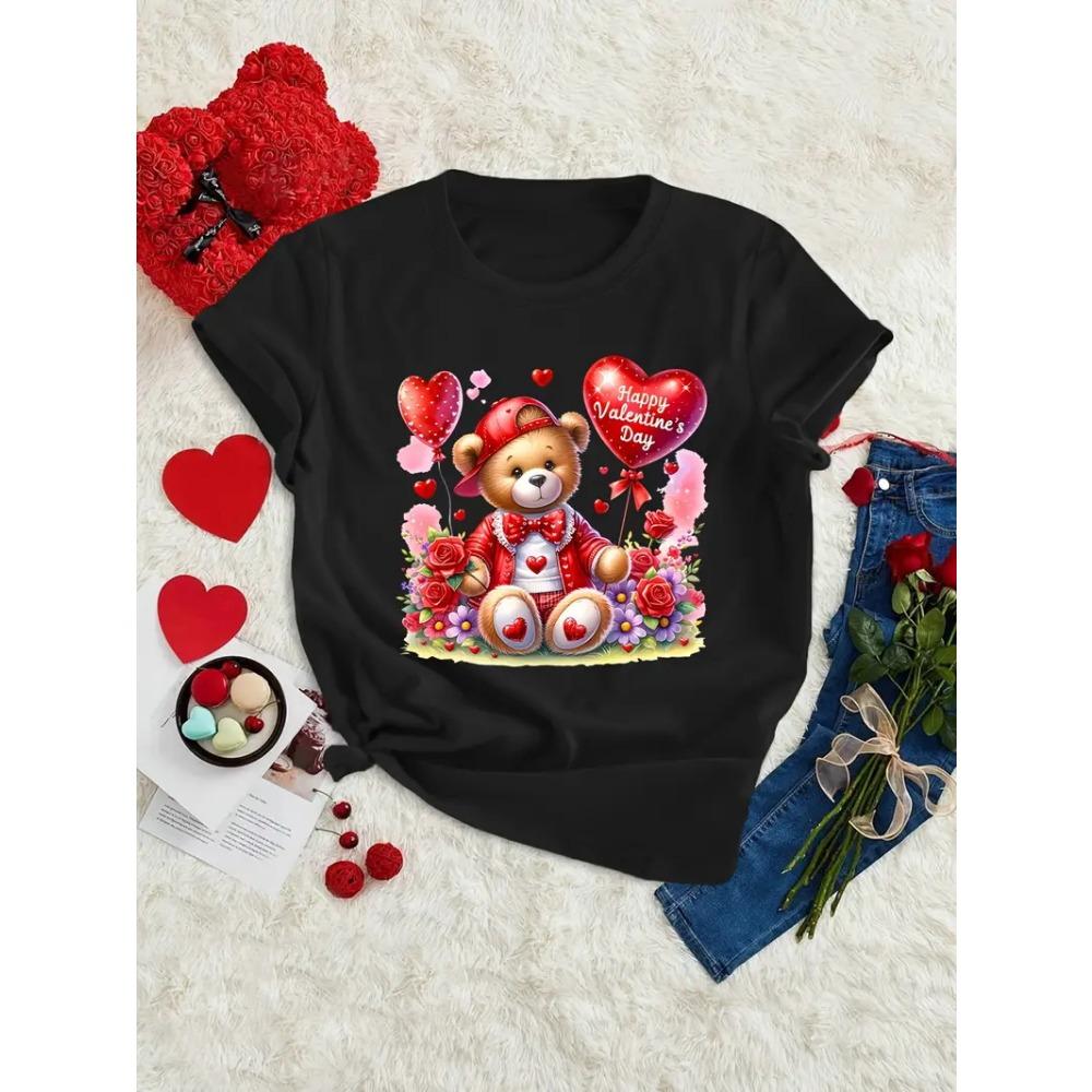 Women's Valentine's Day Heart-shaped Printed T-shirt Round Neck Short Sleeved Shirt