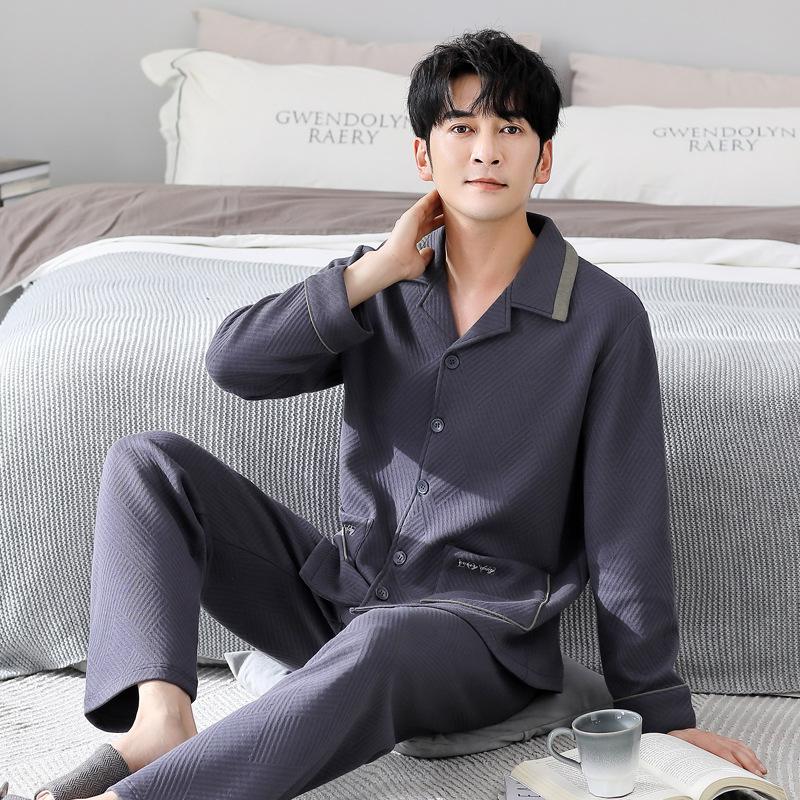 Air Cotton Interlayer Pajamas Men'S Spring And Autumn Thickened Pure Cotton Long-Sleeved Loungewear Autumn And Winter Thin Winter Padded Cotton