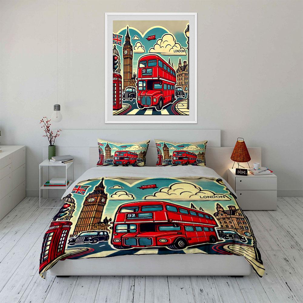 London Travel Icon Set Bedding Set with 1 Duvet Cover 2 Pillowcases Single Double King Queen, Gift
