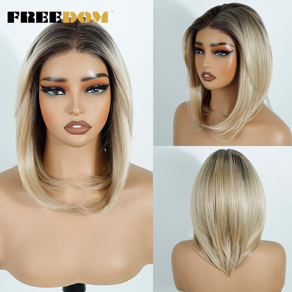 FREEDOM 13x4 Synthetic Lace Front Wigs For Women Short Bob Wig With Bangs Pre Plucked Wear And Go Pre-cut Ombre Blonde Lace Wigs