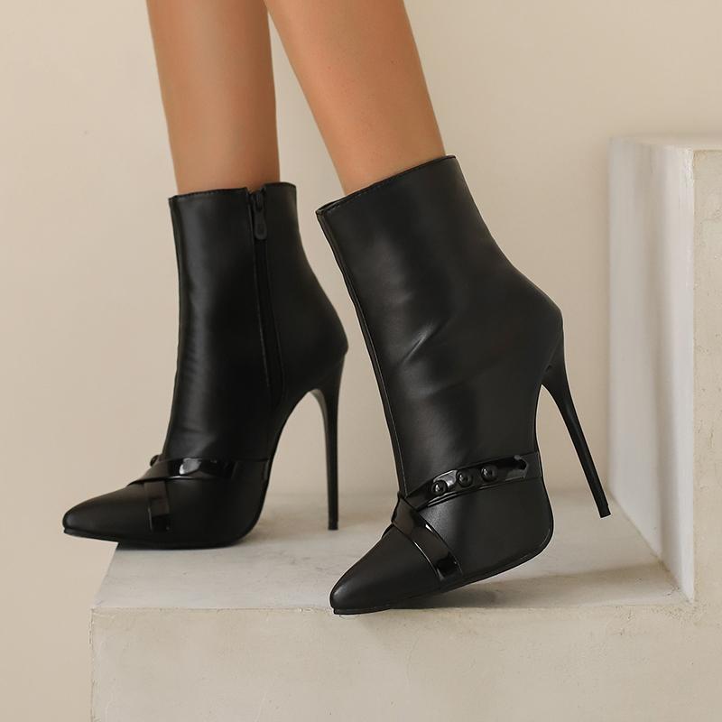 Stivaletti Sexy con Tacco a Spillo da Donna Punta Affusolata Tacchi Super Sottili Scarpe Autunno Inverno 2024 Calzature Nere con Decorazioni Deading