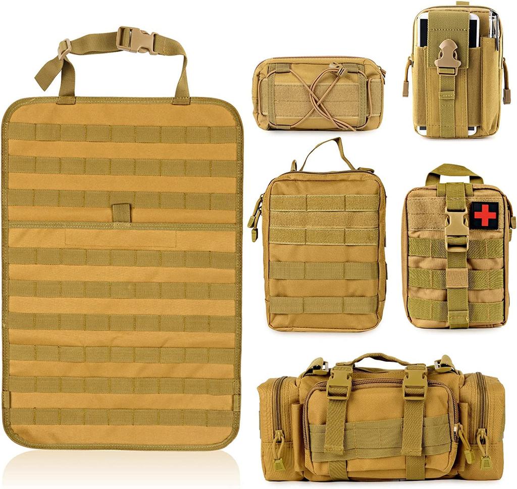 MAIKER OFF ROAD Tactical Car Seat Back Upgraded Tactical Vehicle Panel Organizer with Storage Bag and 5 Removable Molle Universal Fit for Most Khaki