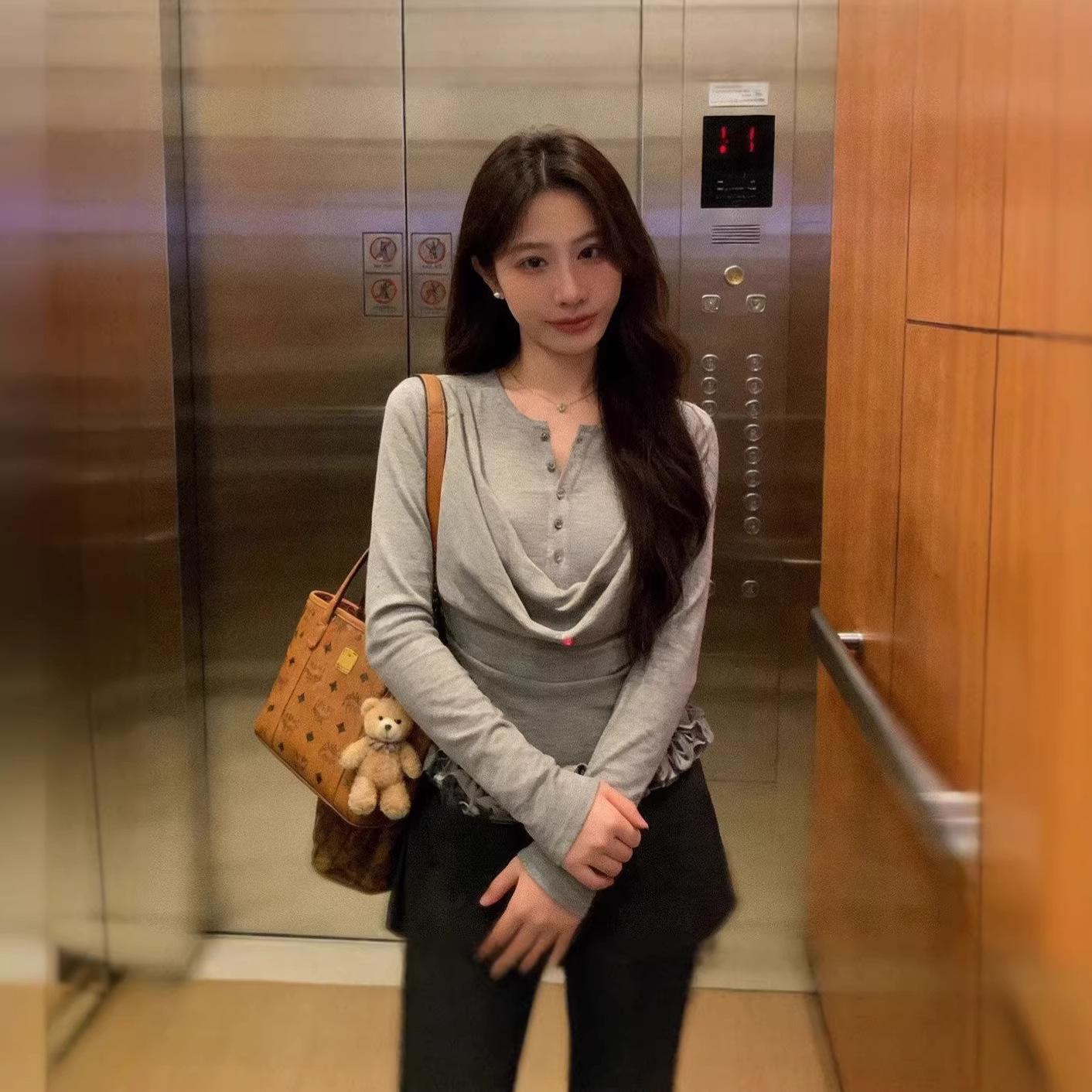 

Women s Retro Swing Collar Red Lace Long Sleeve Two-Piece Slim Fit T-Shirt for Spring & Autumn L серый