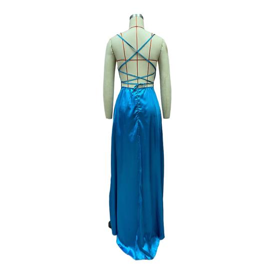 Abito da sera con spalline sottili, spacco alto, spalle scoperte, senza maniche, tasche laterali, a trapezio, lunghezza al pavimento, in raso, colore puro, ballo di fine anno, banchetto, festa, maxi