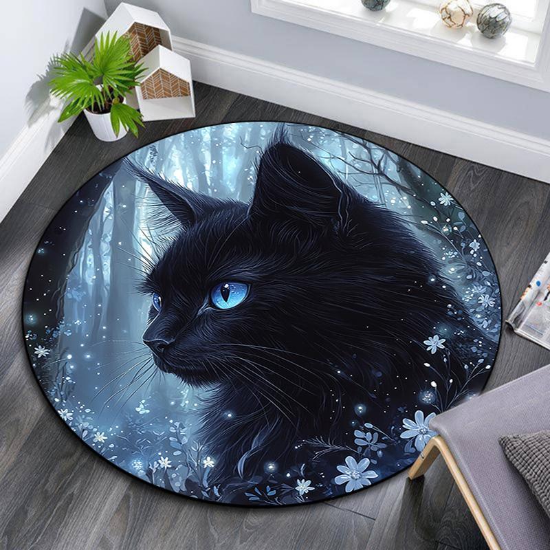 Magical Black Cat Round Area Rug,Carpet Rug for Living Room Bedroom Sofa Playroom Decor,Non-slip Floor Mat